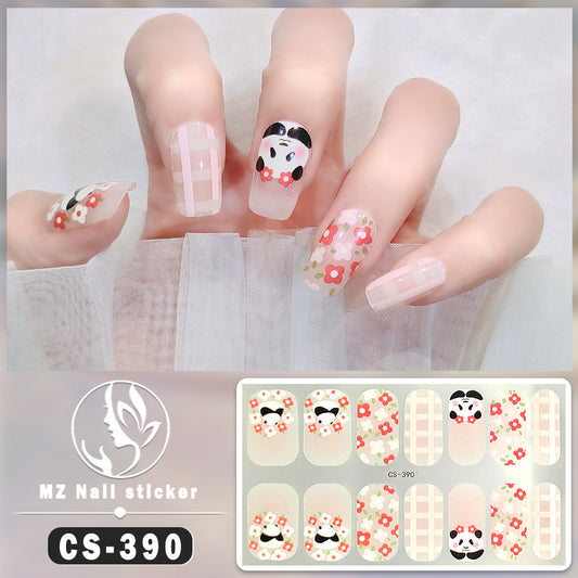 nail art sticker wrap featuring pandas flowers and checkard pattern in pink base color
