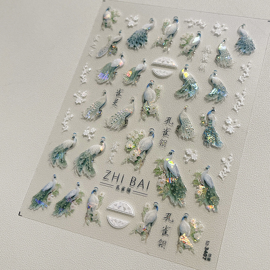 peacock nail art design stickers in holographic effect