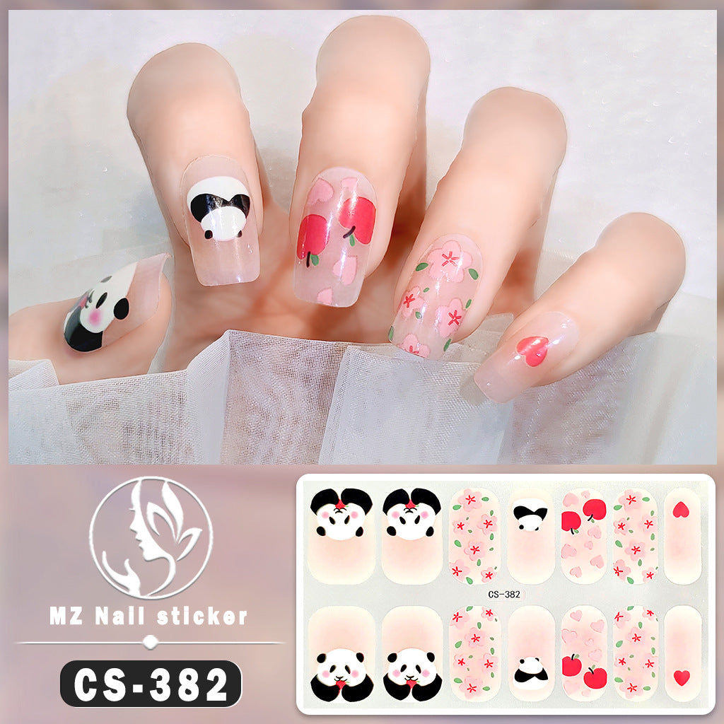 panda nail art wraps featuring cute pandas apples and sakura flowers