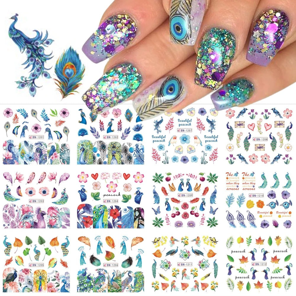 Peacock Nail Art Stickers Set of 12