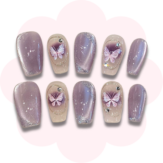 beautiful purple butterfly press on nails cat eye glossy finish easy to apply short coffin ballerina press on nail art