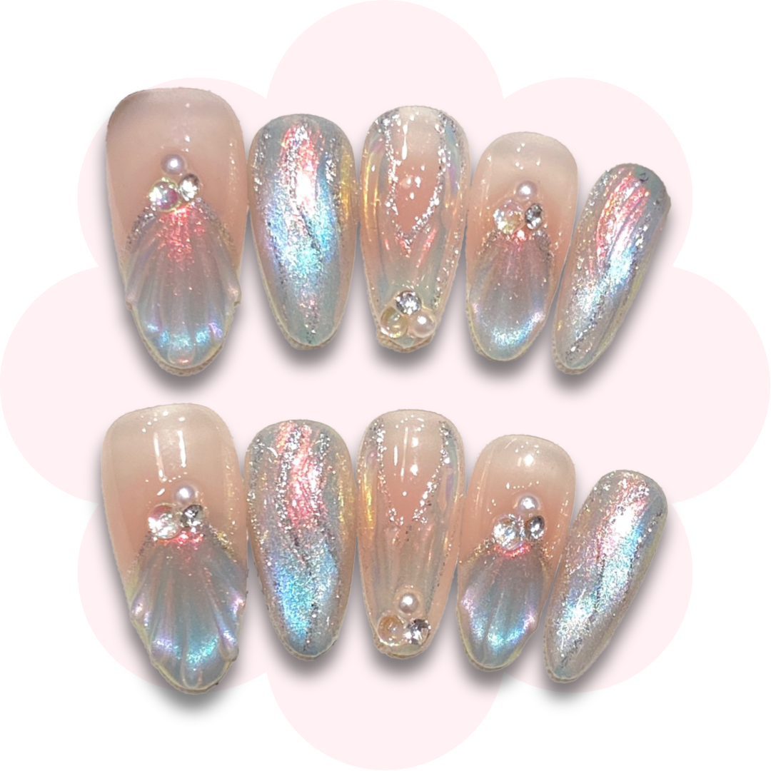 shimmering holo mermaid press on nails with iridescent, holographic finish and crystal accent, luxury long-lasting manicure