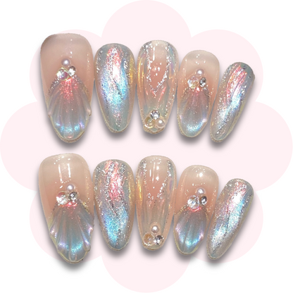 shimmering holo mermaid press on nails with iridescent, holographic finish and crystal accent, luxury long-lasting manicure