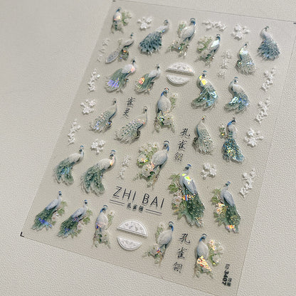 peacock nail art design stickers in holographic effect 