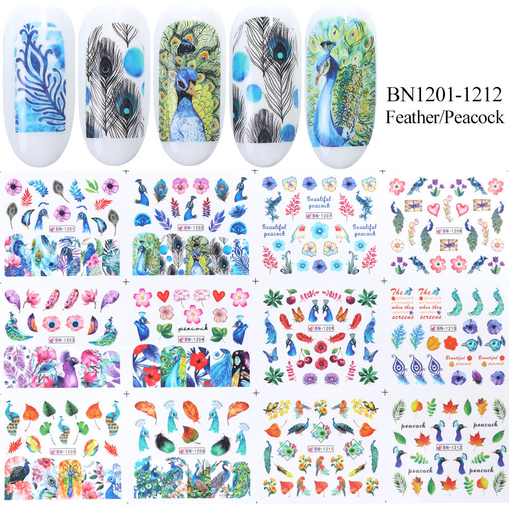 Peacock Nail Art Stickers Set of 12