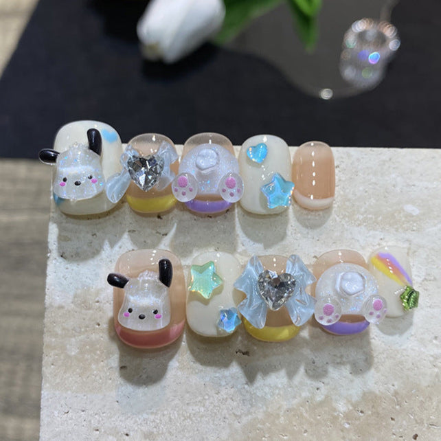 Sanrio inspired dog charm design with pastel color French tip base press on false nails
