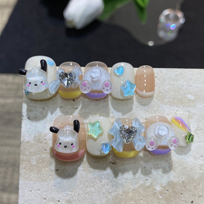 Sanrio inspired dog charm design with pastel color French tip base press on false nails