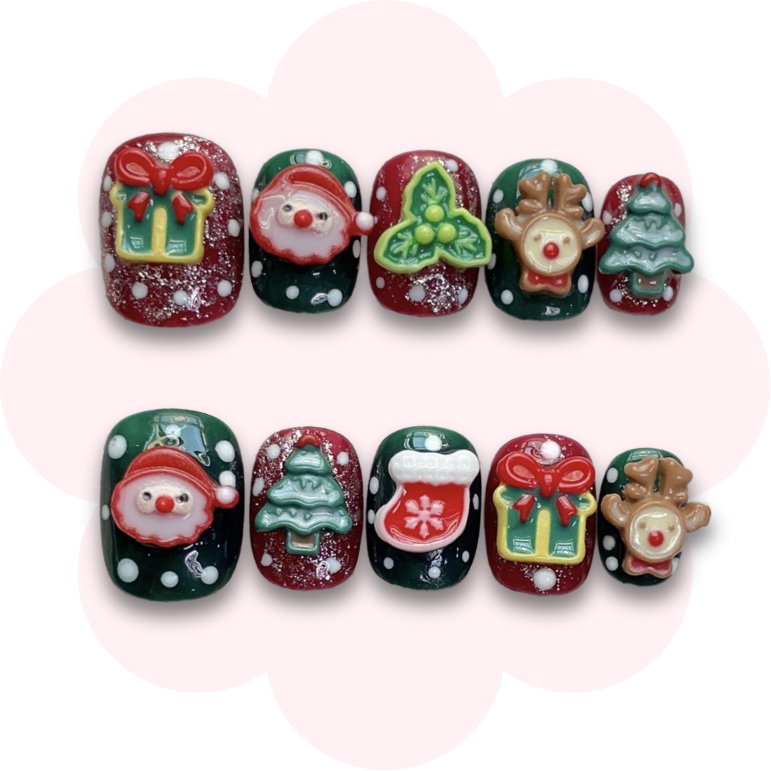 super short square press on nails with festive Christmas Santa design featuring green and red Santa, reindeer accents for a cheerful easy to apply holiday nails