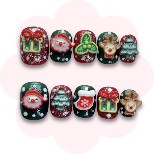 super short square press on nails with festive Christmas Santa design featuring green and red Santa, reindeer accents for a cheerful easy to apply holiday nails