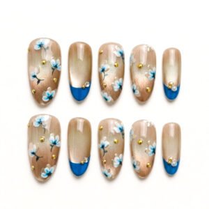 Home gold cat eye floral French tip press on nails