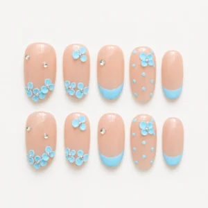 Home pastel blue small 3d flower French tip short round press on nails