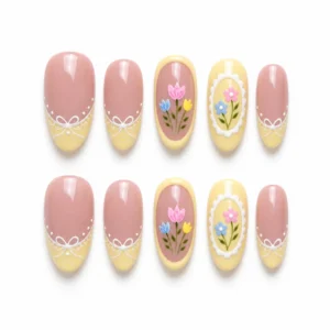 Home coquette pastel yellow floral French tip press on nails