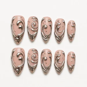 Home silver metallic chrome swirl 3d press on nails short almond shape