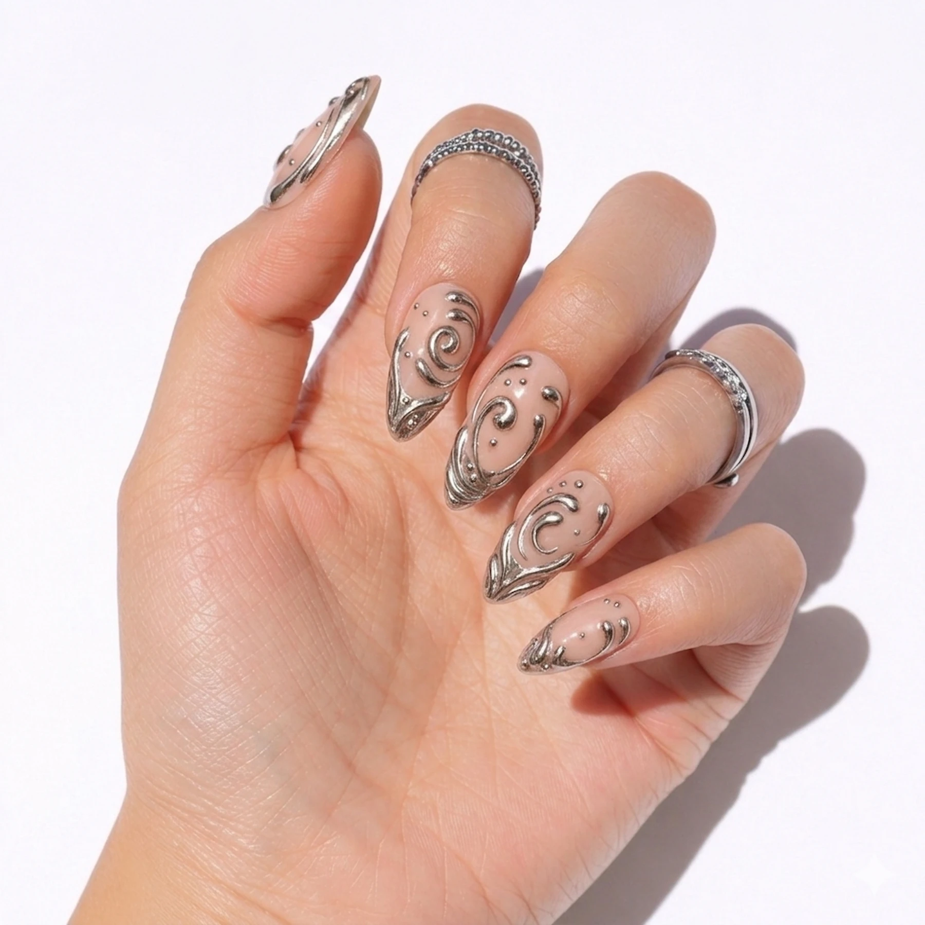 Silver Chrome Press On Nails On Hand chrome swirl press on nails on hand nude 3d silver metallic almond nails