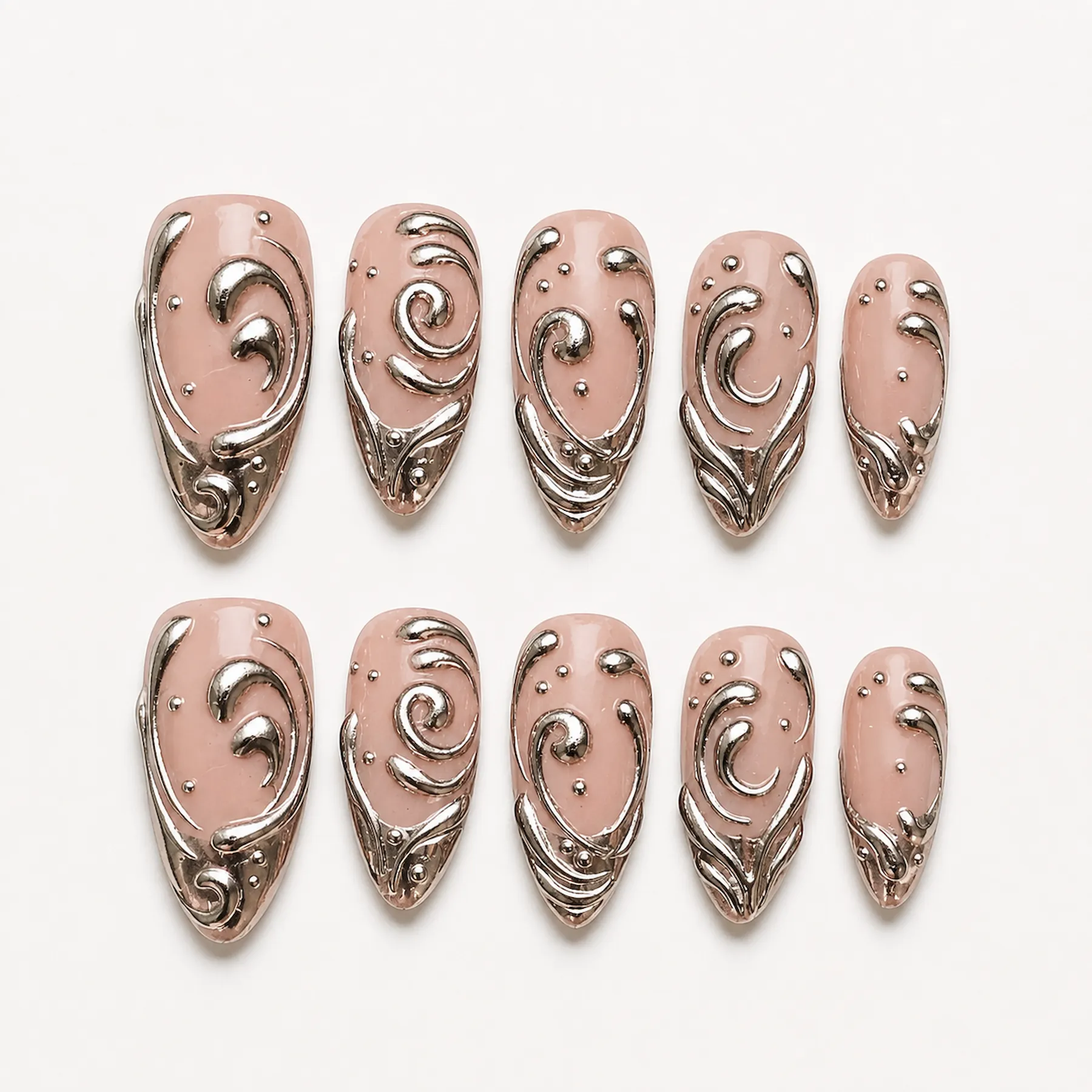 silver chrome press on nails 3d silver metallic chrome swirl 3d press on nails short almond shape