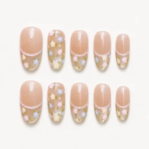 cat eye floral French tip nude press on nails