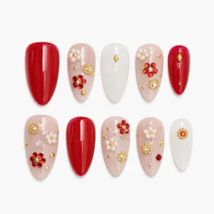 ruby red rhinestones pearl floral press on nails